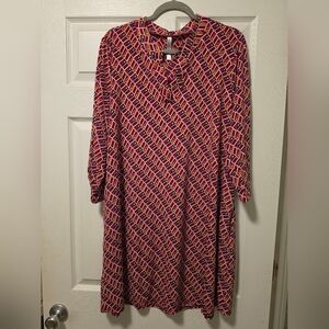 Scarlett Geometric Long-Sleeve Dress in Burgundy and Cream